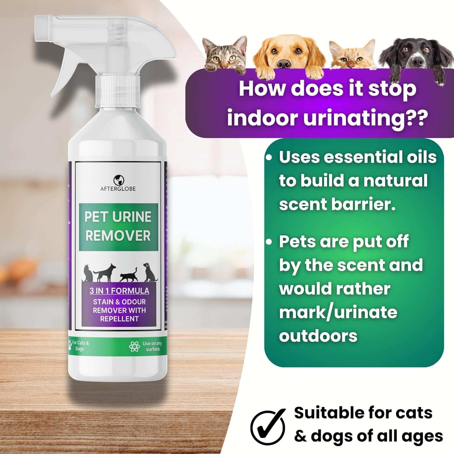 3-In-1 Pet Urine Enzyme Cleaner for Carpets, Furniture and Flooring, Removes Pee