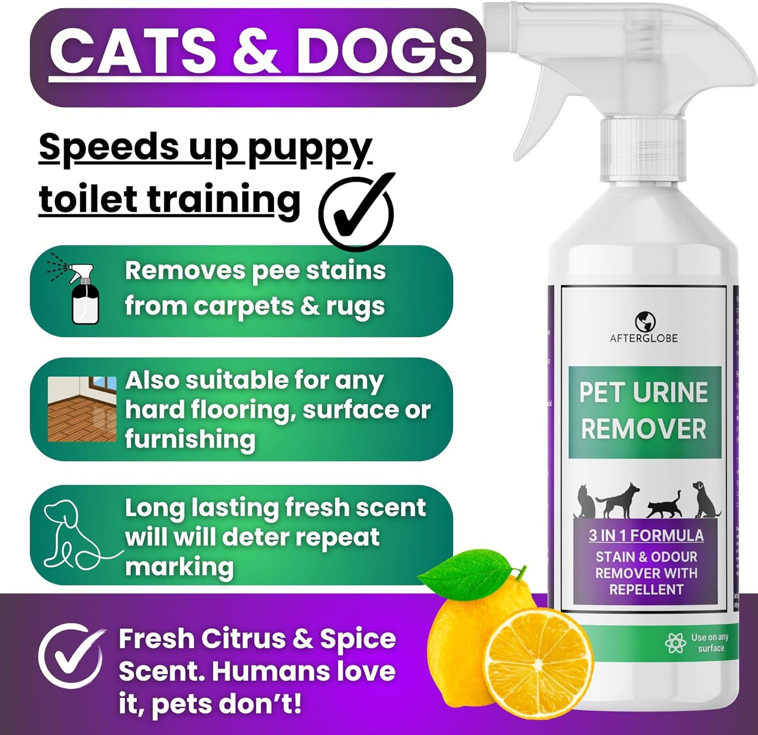 3-In-1 Pet Urine Enzyme Cleaner for Carpets, Furniture and Flooring, Removes Pee